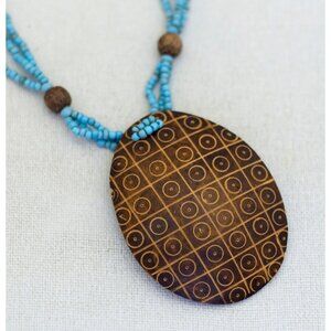 17 inch, Vintage Chocolate Stripes Oval Pendant Stylish Wooden Necklace - G1